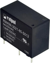 RELPOL S.A Miniature relays RM45N-3021-85-S024, 1 NO. Contact material: AgSnO2. Voltage coil 24 V DC sensitive coil. Rated load AC1  5 A / 250 V AC. Mounting: for PCB. Cover protection category IP 67.