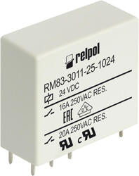 RELPOL S.A Miniature relays RM83-3011-25-1005, . Contact material: AgSnO2. Voltage coil 5 V DC. Rated load AC1  16 A / 250 V AC. Mounting: for PCB and sockets. Cover protection category IP 40.