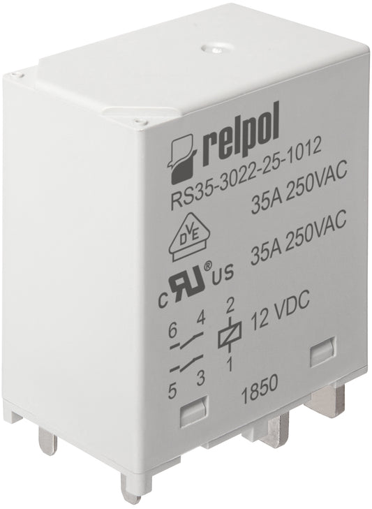 RELPOL S.A High power Relays RS35-3022-25-1110, 2 NO. Contact material: AgSnO2. Voltage coil 110 V DC. Rated load AC1  35 A / 250 V AC. Mounting: for PCB. Cover protection category IP 40.
