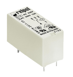 RELPOL S.A Miniature relays RM87L-2311-35-5230, 1 CO. Contact material: AgNi/Au hard gold plating. Voltage coil 230 V DC. Rated load AC1  12 A / 250 V AC. Mounting: for PCB and sockets. Cover protection category IP 67. Raster lewy 5,0 mm