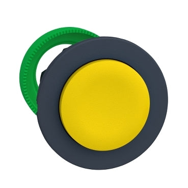 SCHNEIDER Harmony XB5, Flush mounted push button head, plastic, projecting, yellow, 30mm, spring return, unmarked, dark grey bezel