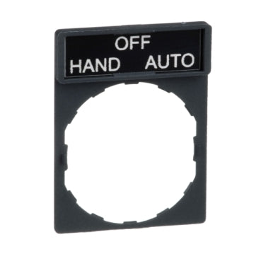 SCHNEIDER legend holder 30 x 40 mm with legend 8 x 27 mm with marking HAND-OFF-AUTO