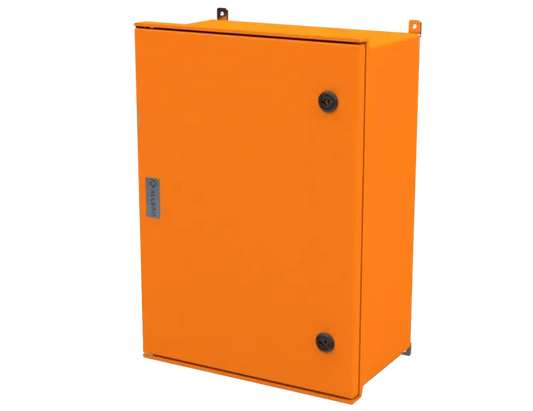ALLBROX 6 ORANGE WITH SMC DEVICE PLATE ABOVE BOXES INCLUDE: SMC DEVICE PLATE, S/S HINGES, WALL BRACKETS, LOCKING MECHANISM & PANEL  KEY