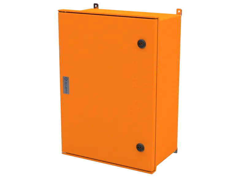 ALLBROX 5 ORANGE WITH SMC DEVICE PLATE ABOVE BOXES INCLUDE: SMC DEVICE PLATE, S/S HINGES, WALL BRACKETS, LOCKING MECHANISM & PANEL  KEY