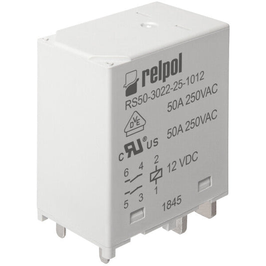 RELPOL S.A High power Relays RS50-3021-25-1024, 1 NO. Contact material: AgSnO2. Voltage coil 24 V DC. Rated load AC1  50 A / 250 V AC. Mounting: for PCB. Cover protection category IP 40.